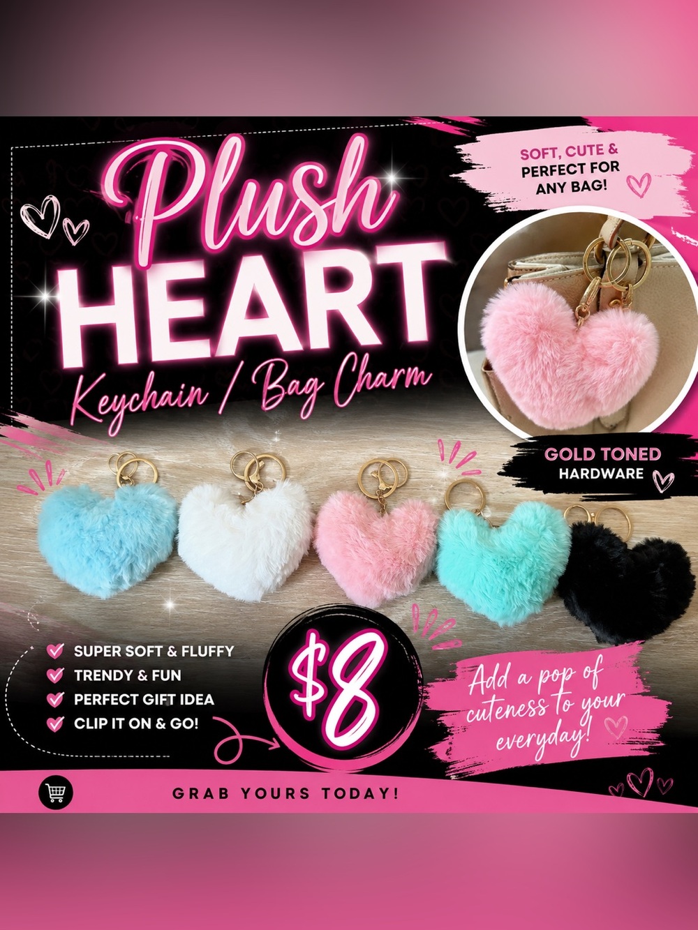 Plush Heart Keychain Bag Charm